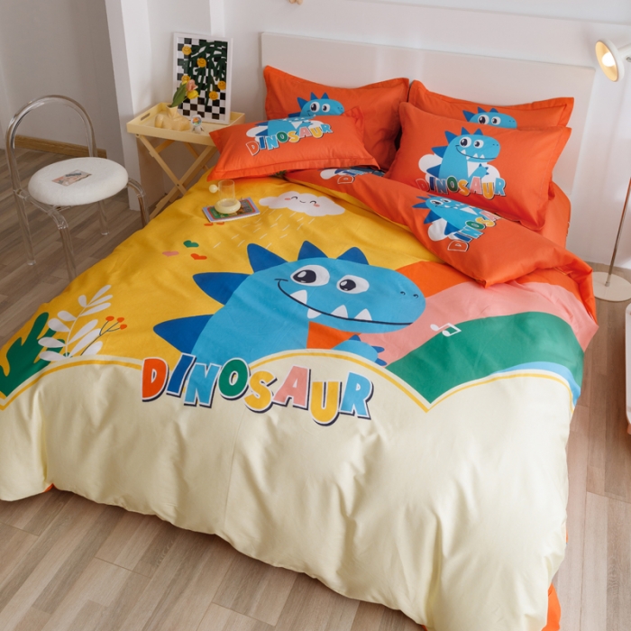 91家纺网 家纺一手货源 找家纺 金爱家 2023新款大版纯棉卡通四件套 恐龙园