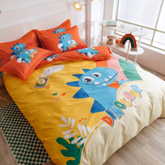 91家纺网 家纺一手货源 找家纺 金爱家 2023新款大版纯棉卡通四件套 恐龙园