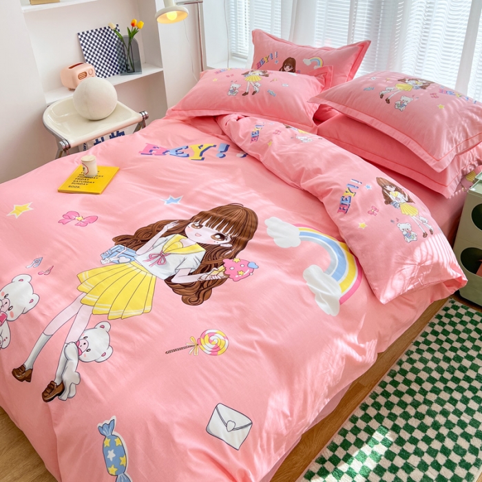 91家纺网 家纺一手货源 找家纺 金爱家 2023新款大版纯棉卡通四件套 梦幻彩虹