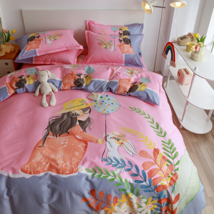 91家纺网 家纺一手货源 找家纺 金爱家 2023新款大版纯棉卡通四件套 圆梦公主粉