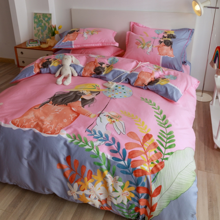 91家纺网 家纺一手货源 找家纺 金爱家 2023新款大版纯棉卡通四件套 圆梦公主粉