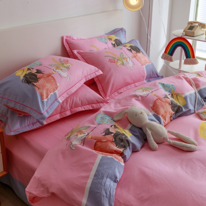 91家纺网 家纺一手货源 找家纺 金爱家 2023新款大版纯棉卡通四件套 圆梦公主粉