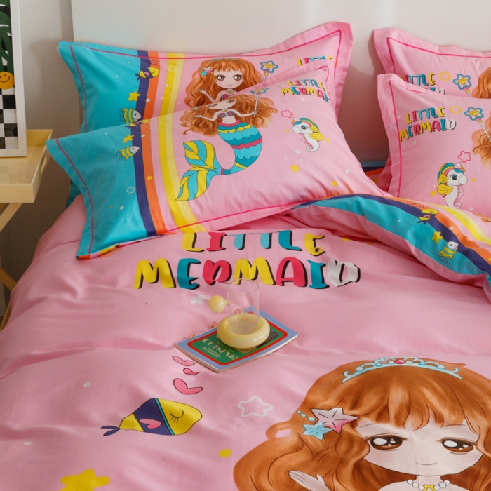 91家纺网 家纺一手货源 找家纺 金爱家 2023新款大版纯棉卡通四件套 美人鱼