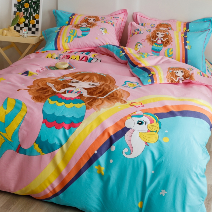 91家纺网 家纺一手货源 找家纺 金爱家 2023新款大版纯棉卡通四件套 美人鱼