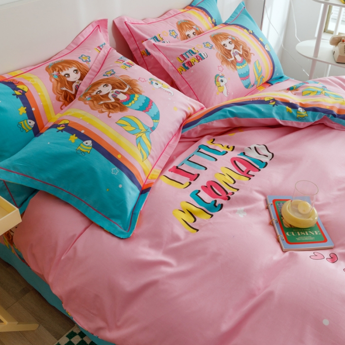 91家纺网 家纺一手货源 找家纺 金爱家 2023新款大版纯棉卡通四件套 美人鱼