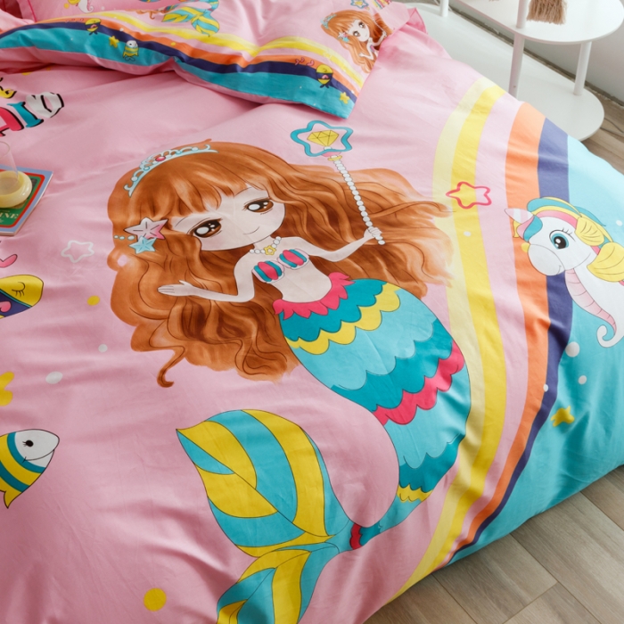 91家纺网 家纺一手货源 找家纺 金爱家 2023新款大版纯棉卡通四件套 美人鱼