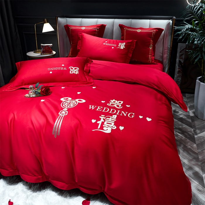 91家纺网 家纺一手货源 找家纺 用心 2022新款婚庆家居爆款刺绣四件套 贺禧