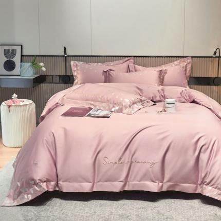 91家纺网 家纺一手货源 找家纺 爱缦 新款100支长绒棉贡缎刺绣宽边四件套-耀影系列 藕粉