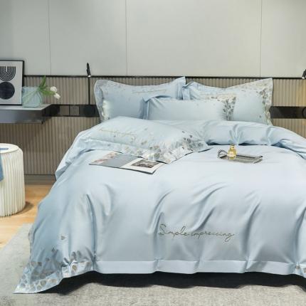 91家纺网 家纺一手货源 找家纺 爱缦 新款100支长绒棉贡缎刺绣宽边四件套-耀影系列 梦幻蓝