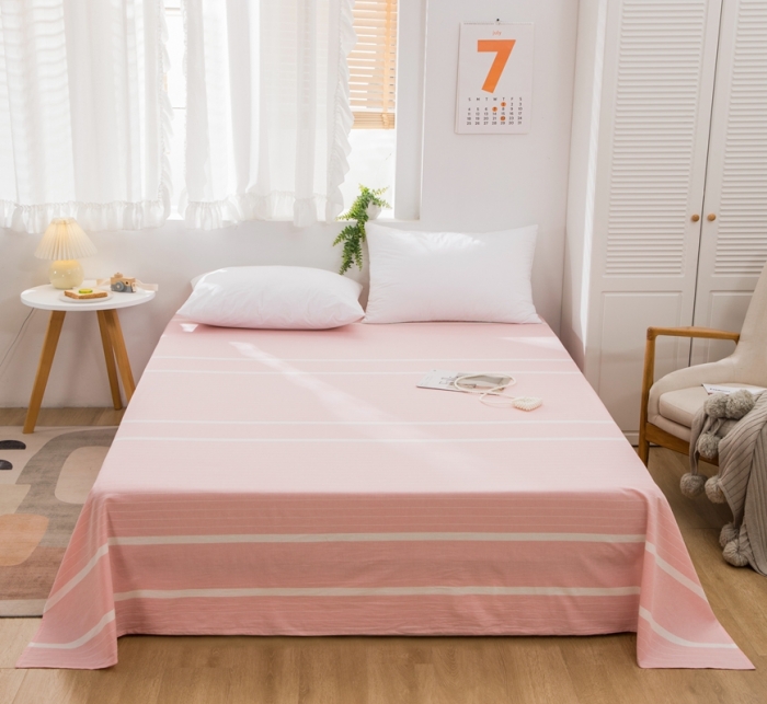 91家纺网 家纺一手货源 找家纺 简色坊2023新款色织水洗棉全棉套件—a版单床单 时尚条纹-粉