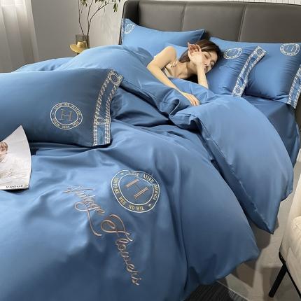 91家纺网 家纺一手货源 找家纺 莱登卡奴 2022新款全棉千鸟格轻奢风四件套 格调-宾利蓝