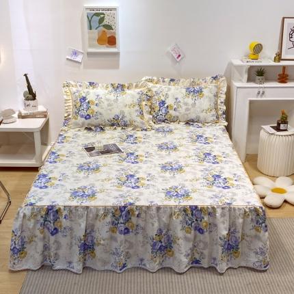 91家纺网 家纺一手货源 找家纺 宝齐莱 2022新款13372韩版全棉印花单床裙 满园芳华-蓝-1