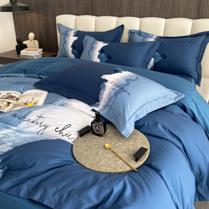 91家纺网 家纺一手货源 找家纺 魅都100阿克苏长绒棉数码印花四件套 星辰大海深蓝