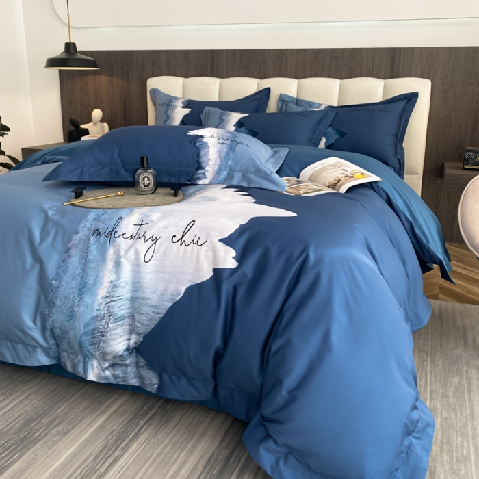 91家纺网 家纺一手货源 找家纺 魅都100阿克苏长绒棉数码印花四件套 星辰大海深蓝