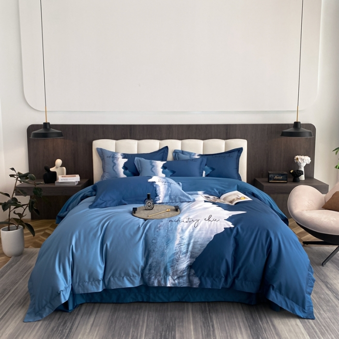 91家纺网 家纺一手货源 找家纺 魅都100阿克苏长绒棉数码印花四件套 星辰大海深蓝