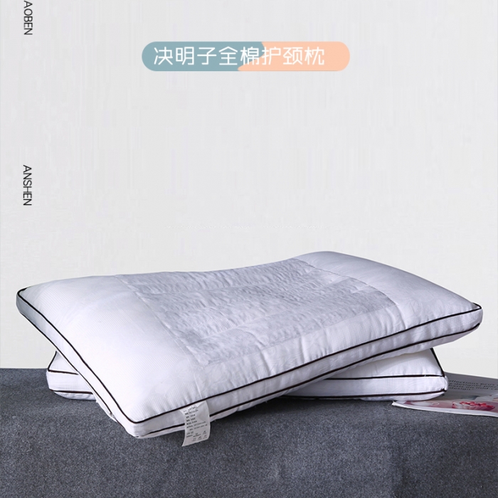91家纺网 家纺一手货源 找家纺 全棉60S贡缎提花决明子木棉两用护颈羽丝绒枕芯定型硬枕头
