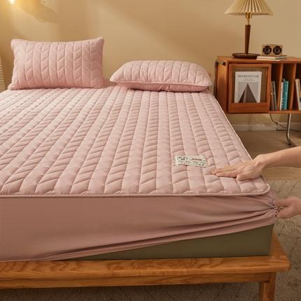 居眠 2022新款原棉本色大豆纤维夹棉床笠 人字纹-淡粉