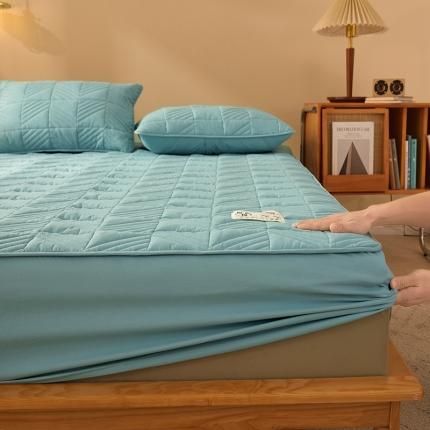 居眠 2022新款原棉本色大豆纤维夹棉床笠 方格纹-水蓝