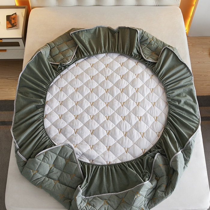 91家纺网 家纺一手货源 找家纺 久典 2022新款A类全棉色织水洗棉刺绣抗菌防螨夹棉床笠 深绿