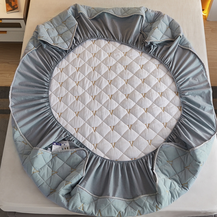 91家纺网 家纺一手货源 找家纺 久典 2022新款A类全棉色织水洗棉刺绣抗菌防螨夹棉床笠 浅水蓝