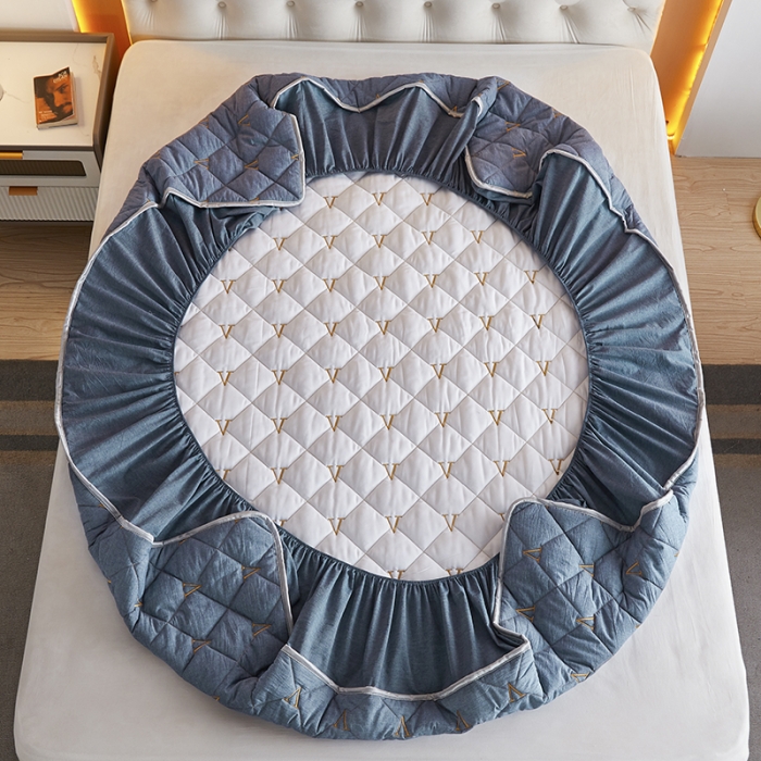 91家纺网 家纺一手货源 找家纺 久典 2022新款A类全棉色织水洗棉刺绣抗菌防螨夹棉床笠 牛仔蓝