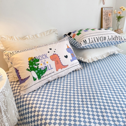 91家纺网 家纺一手货源 找家纺 麦伦春季新品全棉40S斜纹印花休闲轻奢系列枕套一个 棋盘恐龙