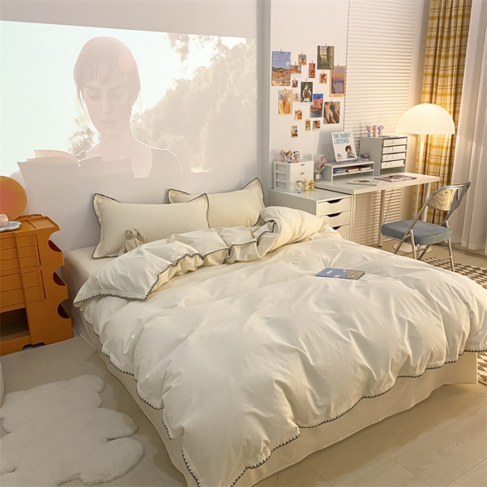 91家纺网 家纺一手货源 找家纺 (总)金丝鸟 2023新款纯色全棉水洗棉贝壳边四件套