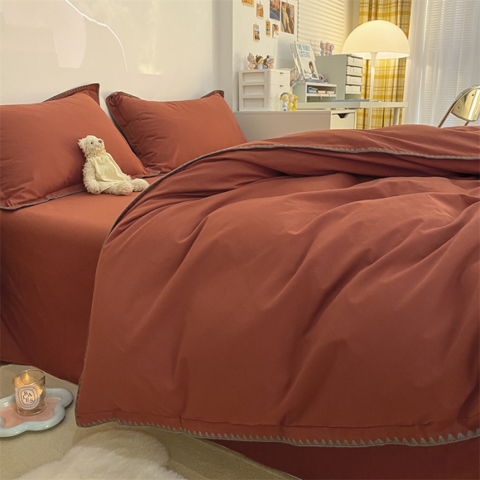 91家纺网 家纺一手货源 找家纺 金丝鸟 2023新款纯色全棉水洗棉贝壳边四件套 暖情红