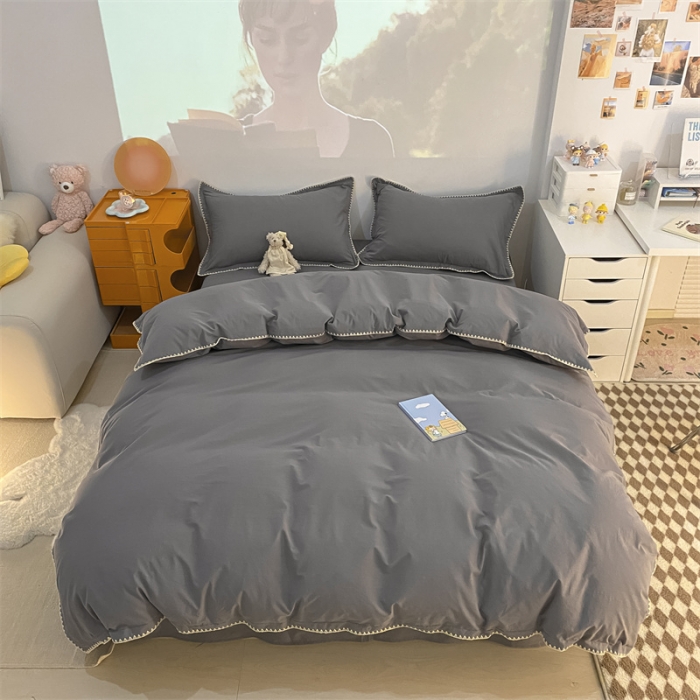 91家纺网 家纺一手货源 找家纺 金丝鸟 2023新款纯色全棉水洗棉贝壳边四件套 绅士灰