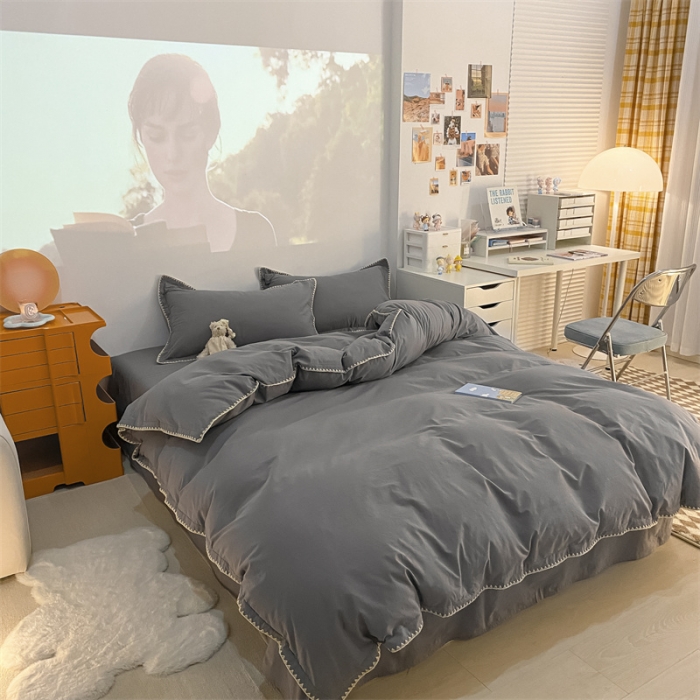 91家纺网 家纺一手货源 找家纺 金丝鸟 2023新款纯色全棉水洗棉贝壳边四件套 绅士灰