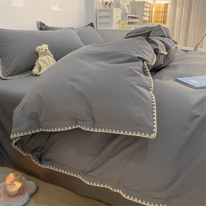 91家纺网 家纺一手货源 找家纺 金丝鸟 2023新款纯色全棉水洗棉贝壳边四件套 绅士灰