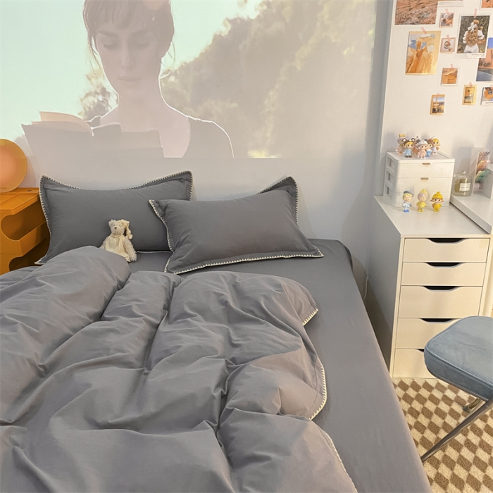 91家纺网 家纺一手货源 找家纺 金丝鸟 2023新款纯色全棉水洗棉贝壳边四件套 绅士灰