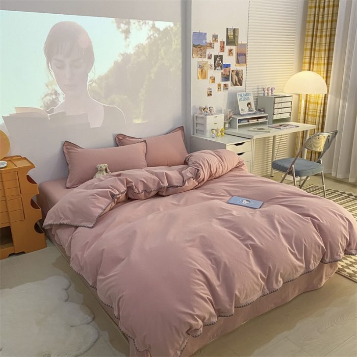 91家纺网 家纺一手货源 找家纺 金丝鸟 2023新款纯色全棉水洗棉贝壳边四件套 甜美粉