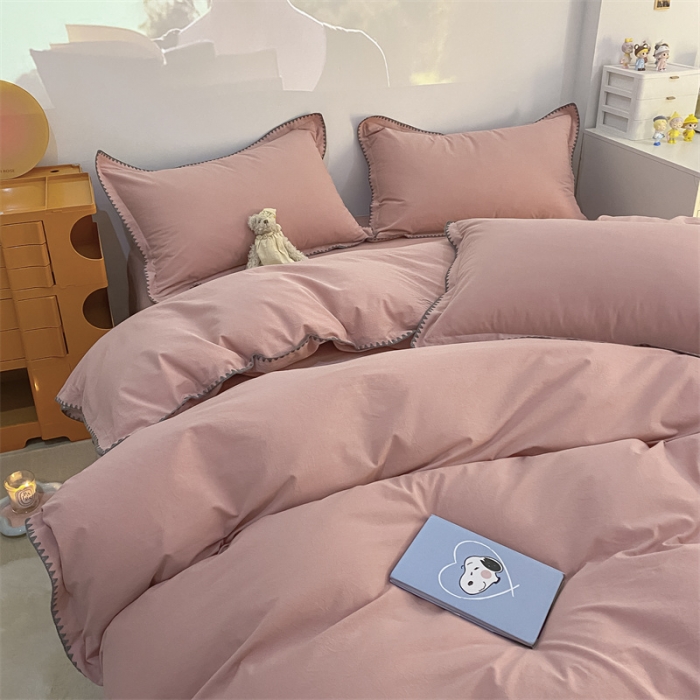 91家纺网 家纺一手货源 找家纺 金丝鸟 2023新款纯色全棉水洗棉贝壳边四件套 甜美粉