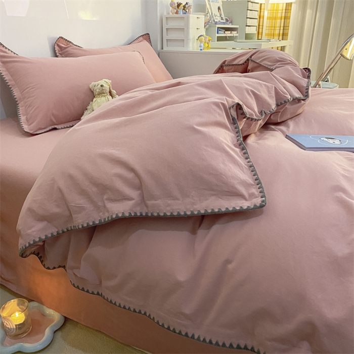 91家纺网 家纺一手货源 找家纺 金丝鸟 2023新款纯色全棉水洗棉贝壳边四件套 甜美粉