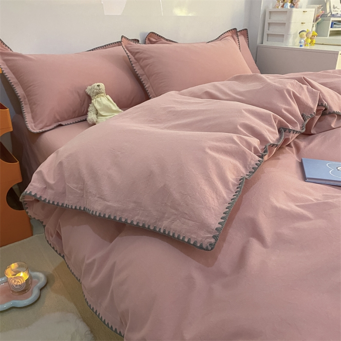 91家纺网 家纺一手货源 找家纺 金丝鸟 2023新款纯色全棉水洗棉贝壳边四件套 甜美粉