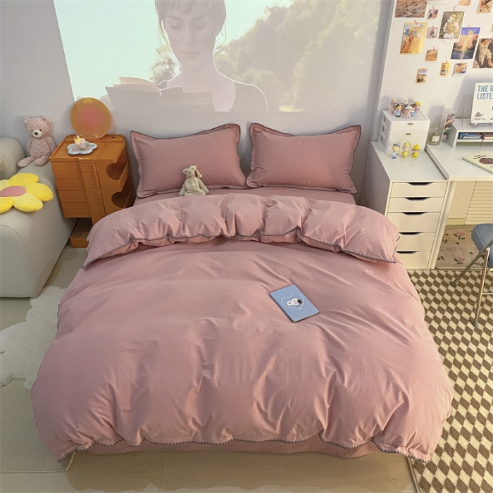 91家纺网 家纺一手货源 找家纺 金丝鸟 2023新款纯色全棉水洗棉贝壳边四件套 甜美粉