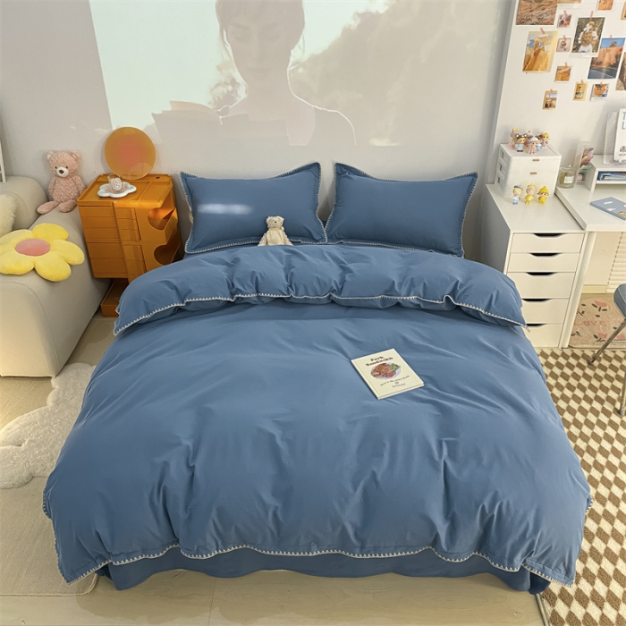 91家纺网 家纺一手货源 找家纺 金丝鸟 2023新款纯色全棉水洗棉贝壳边四件套 雅致蓝