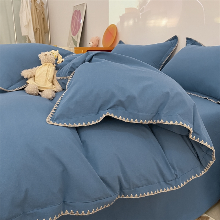 91家纺网 家纺一手货源 找家纺 金丝鸟 2023新款纯色全棉水洗棉贝壳边四件套 雅致蓝