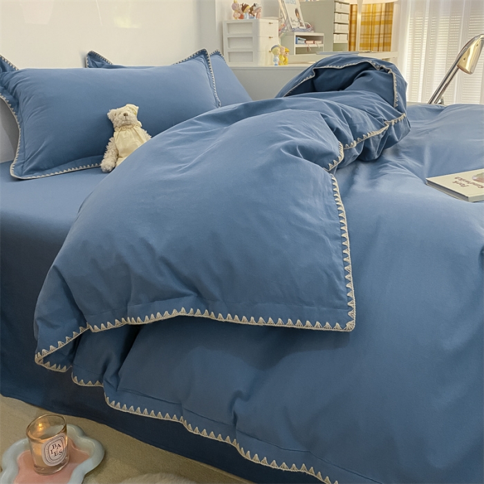 91家纺网 家纺一手货源 找家纺 金丝鸟 2023新款纯色全棉水洗棉贝壳边四件套 雅致蓝