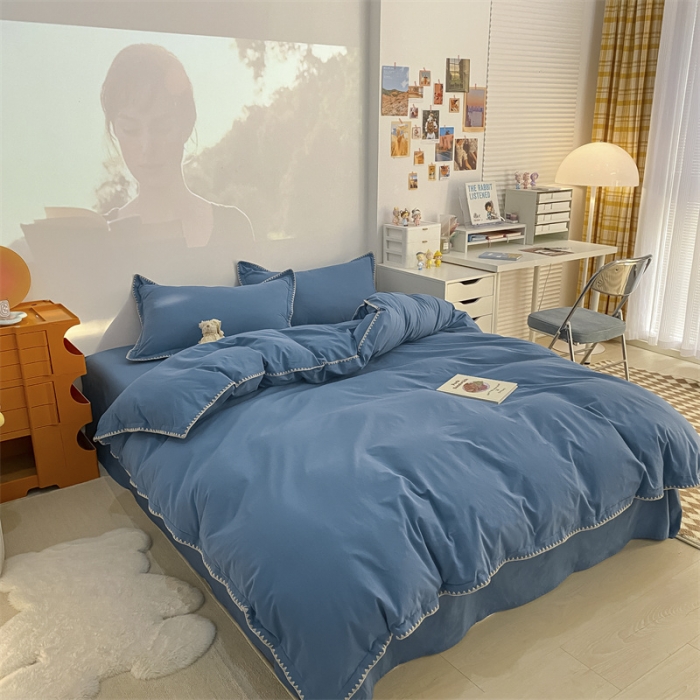 91家纺网 家纺一手货源 找家纺 金丝鸟 2023新款纯色全棉水洗棉贝壳边四件套 雅致蓝