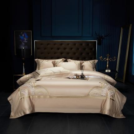 91家纺网 家纺一手货源 找家纺 缔缦家纺 2022新款100s长绒棉刺绣系列四件套-巴赫 卡其