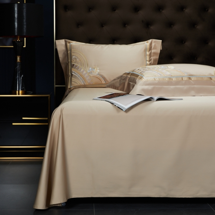 91家纺网 家纺一手货源 找家纺 缔缦家纺 2022新款100s长绒棉刺绣系列四件套-巴赫 卡其