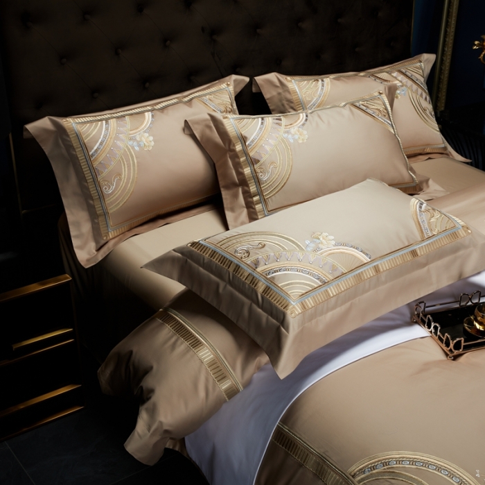 91家纺网 家纺一手货源 找家纺 缔缦家纺 2022新款100s长绒棉刺绣系列四件套-巴赫 卡其