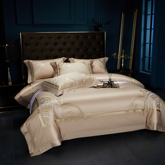 91家纺网 家纺一手货源 找家纺 缔缦家纺 2022新款100s长绒棉刺绣系列四件套-巴赫 卡其