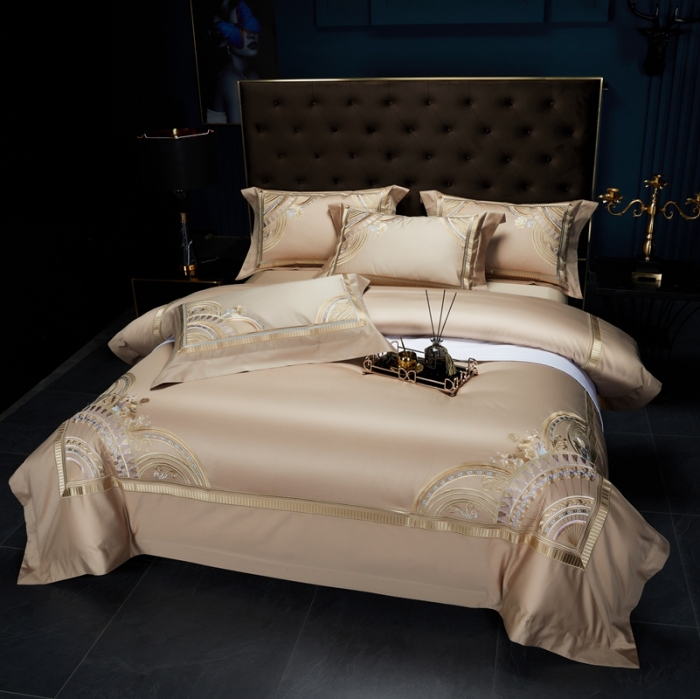 91家纺网 家纺一手货源 找家纺 缔缦家纺 2022新款100s长绒棉刺绣系列四件套-巴赫 卡其