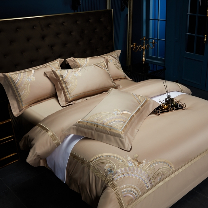 91家纺网 家纺一手货源 找家纺 缔缦家纺 2022新款100s长绒棉刺绣系列四件套-巴赫 卡其