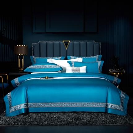 91家纺网 家纺一手货源 找家纺 缔缦家纺 2022新款100s澳棉刺绣系列四件套-布瑞琪 孔雀蓝