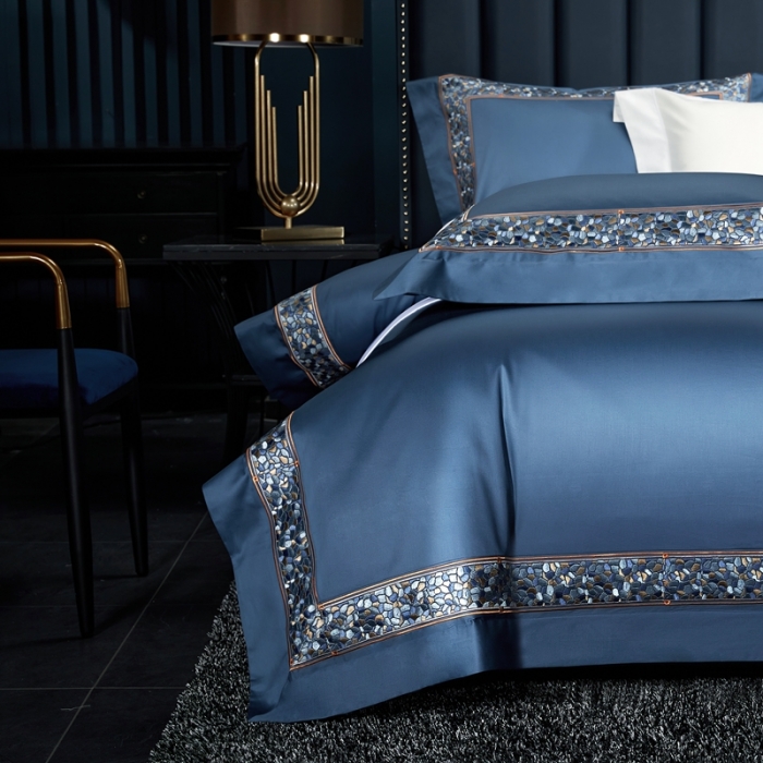 91家纺网 家纺一手货源 找家纺 缔缦家纺 2022新款100s澳棉刺绣系列四件套-布瑞琪 宾利蓝