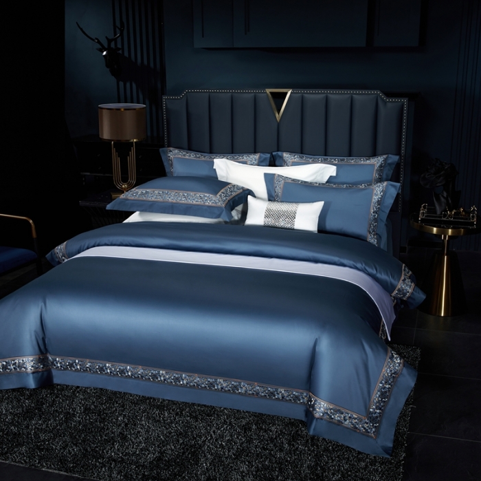 91家纺网 家纺一手货源 找家纺 缔缦家纺 2022新款100s澳棉刺绣系列四件套-布瑞琪 宾利蓝